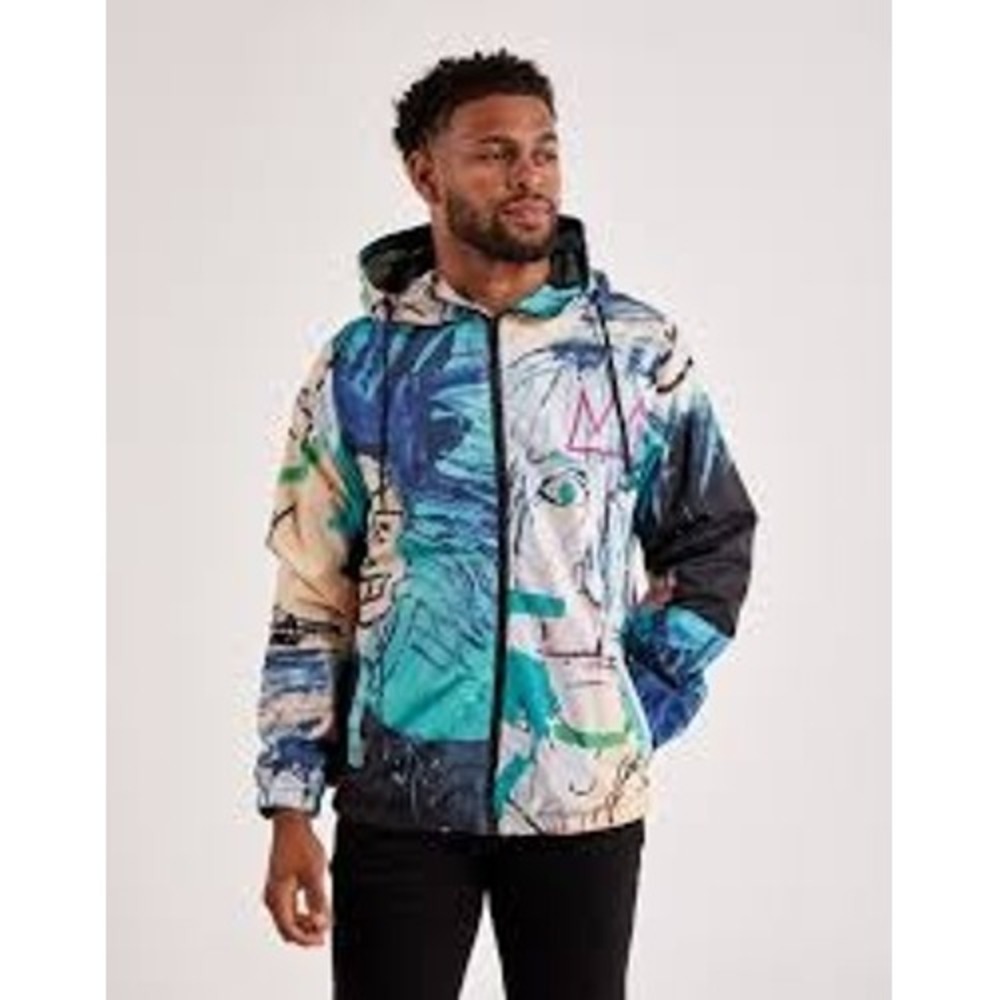 Members Only Windbreaker Mens XL Multicolor Basquiat Art Graphic Hooded Jacket